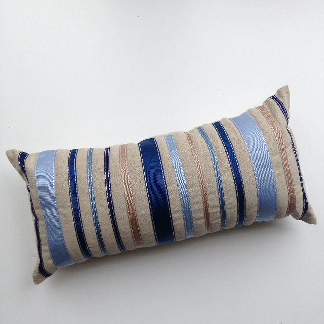 CUSHION, Blue Ribbon Stripe on Beige Linen 30cm x 60cm